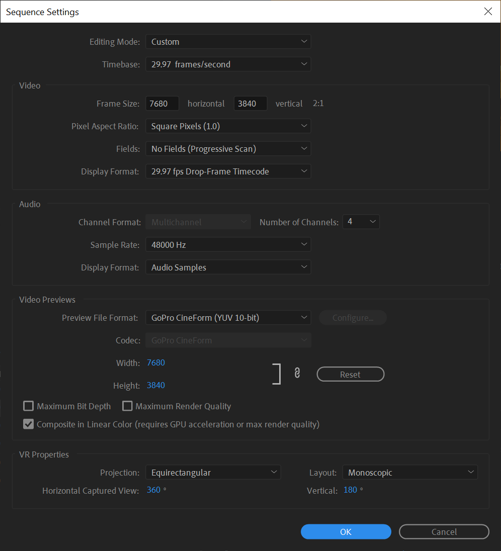 Sequence settings, where you can modify both the Video Frame Size and the Video Preview dimensions